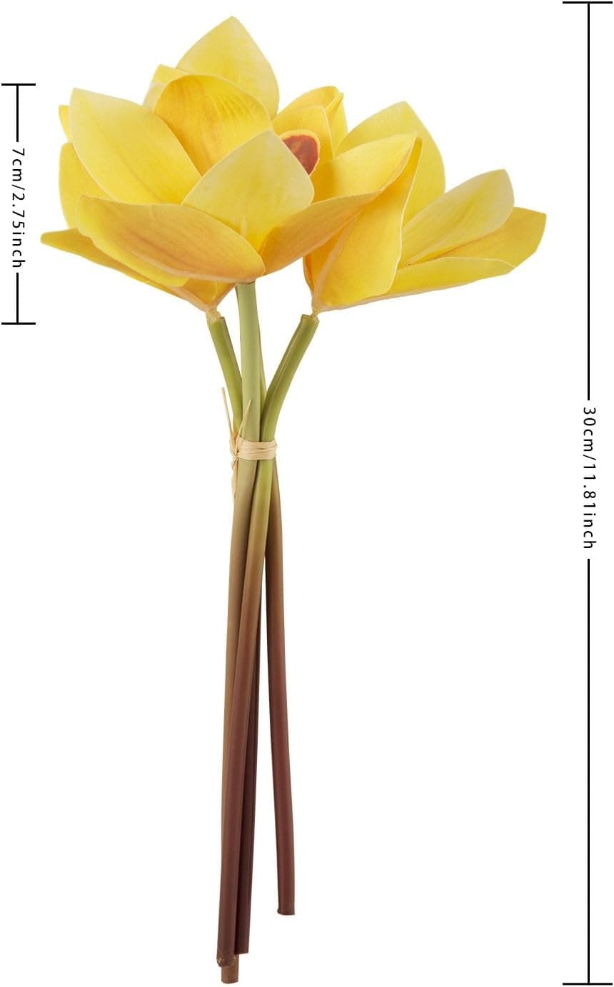 ADolinGo Artificial Flowers Simulation Cymbidium Faberi Real Touch 4 Heads Bouquet Wedding Decor (Yellow)