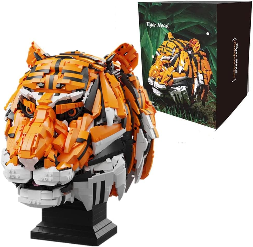 LOVEBRICK 3000+ pcs Tiger Head of The King of The Forest Animal Zodiac Signs MOC Building Blocks Bricks Model Classic Hobby Collection Toys Creative Bristhday Gifts for Adult Kids