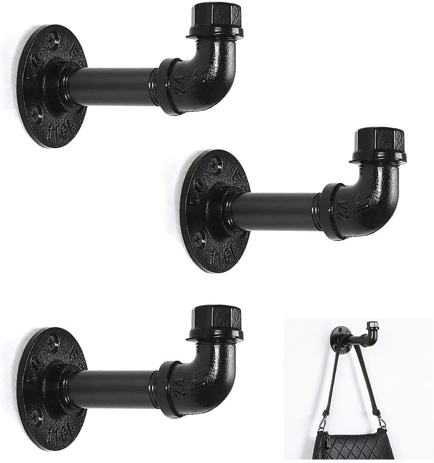 3 Pack Industrial Pipe Towel Hooks, Vintage Wall Mounted Heavy Duty Coat Robe Clothes Hanger for Bathroom Bedroom Farmhouse