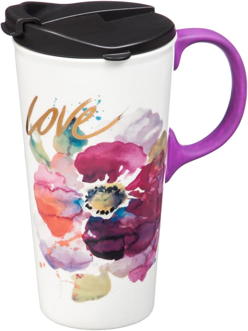Love Flower Ceramic Travel Cup - 5 x 7 x 4 Inches