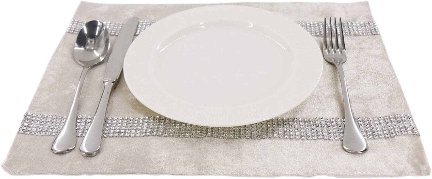 Fullony Diamond Shining Placemats Set of 4 Sequined Rhinestone Washable 12x16 inch Dinner Mats Beige for Dinner Table