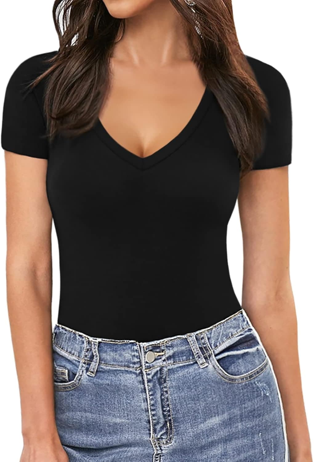 MANGOPOP Deep V Neck Short Sleeve Long Sleeve Tops Bodysuit for Women Clothing