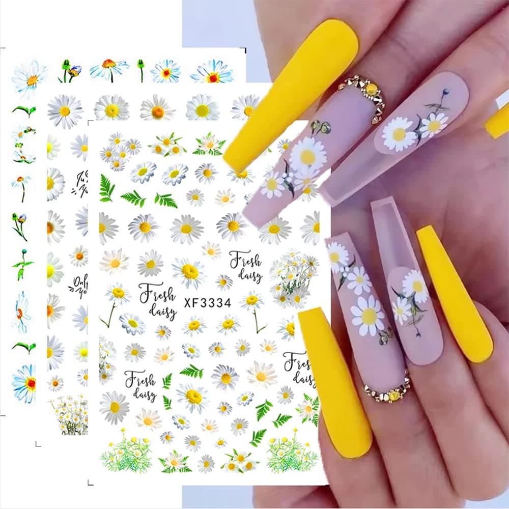 Daisy Nail Art Sticker Decals 12 Sheets 3D Self-Adhesive Nail Art Supplies Multicolor Daisy Flower Grass Nail Art Decoration for Exquisite Women and Girls DIY Acrylic Nail Art