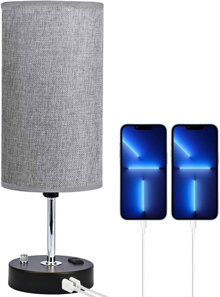 Becomrock Bedside Table Lamp for Bedroom - Stepless Dimmable Nightstand Lamp with 2 USB Port, 1 Outlet and Gray Fabric Shade, Desk Lamp for Bedroom Living Room Office(Bulb Included)