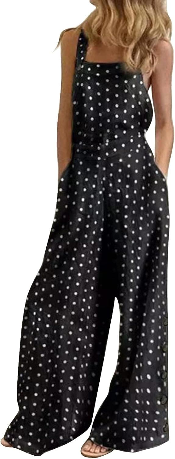 Jumpsuits for Women Casual Loose Plus Size Overalls Retro Ethnic Print Wide Leg Buttons Jumpsuits Rompers with Pockets