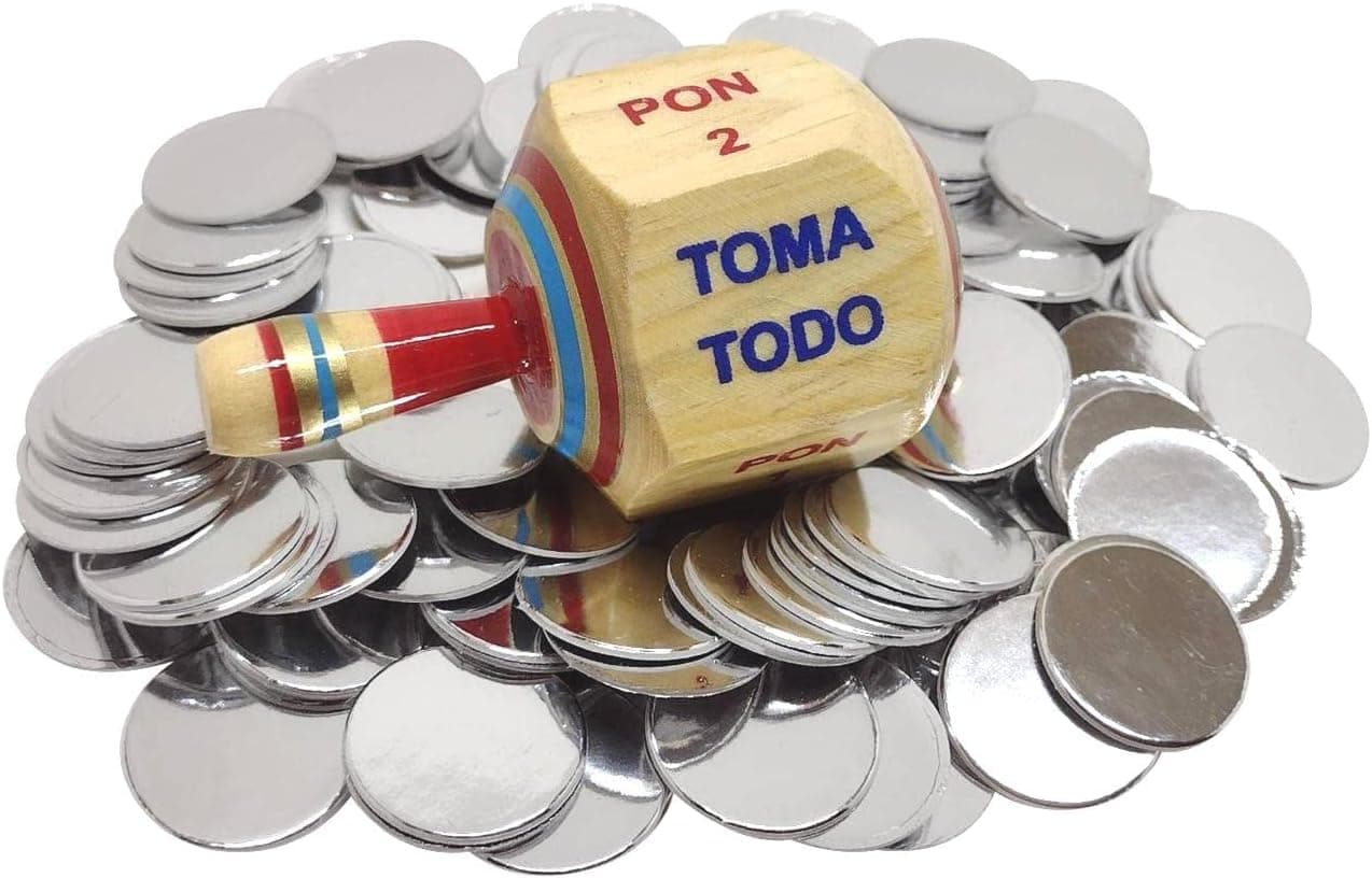 MoreFiesta Handmade Pirinola Toma Todo with 100 Chips - Set of 1 Wood Spinning top Traditional Game in Spanish and Chips