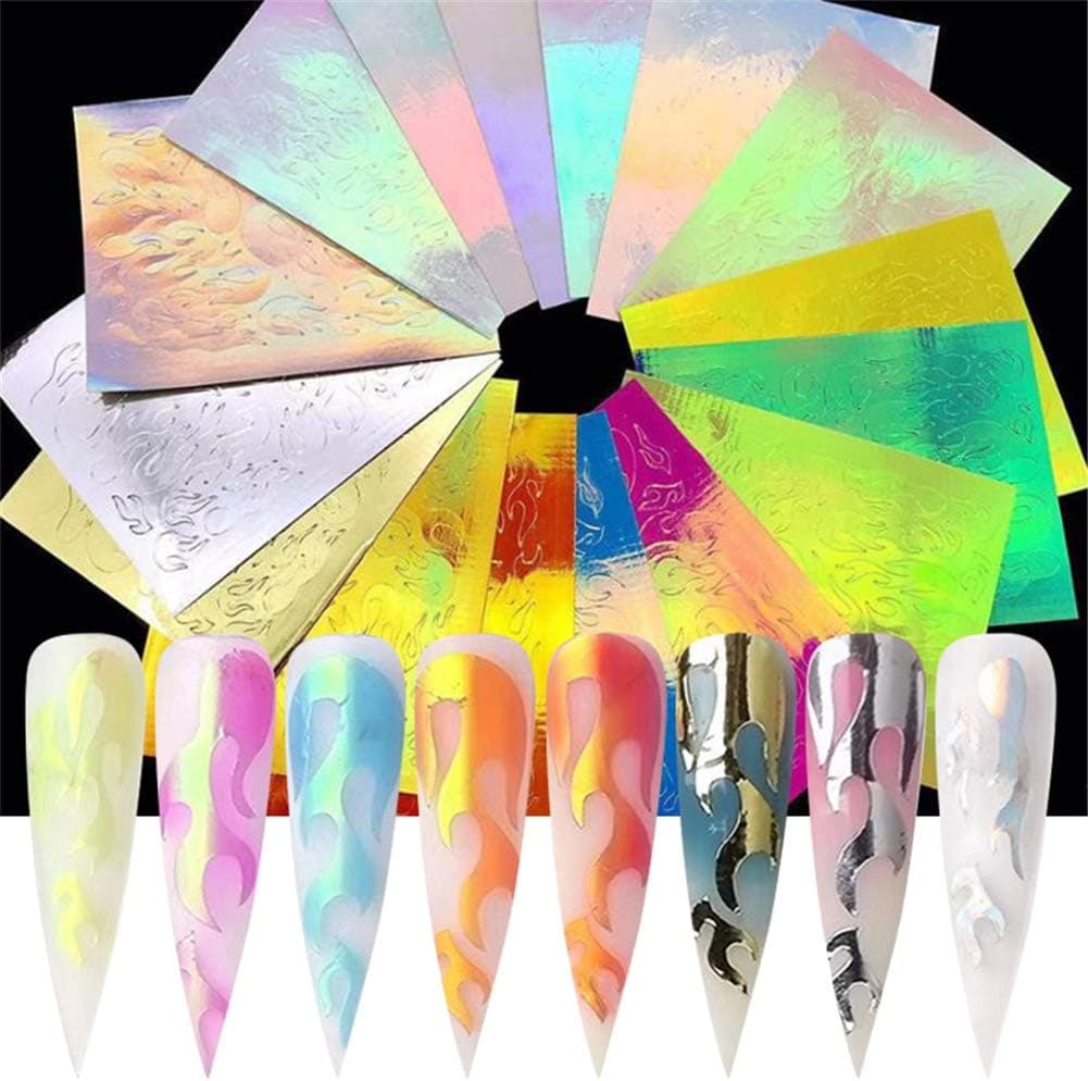 LILYCUTE 16 Sheets Flame Reflections Nail Stickers Fire Nail Art Decals 3D Holographic Vinyls Nail Stencil for Nails Manicure Tape Adhesive Foils DIY Decoration