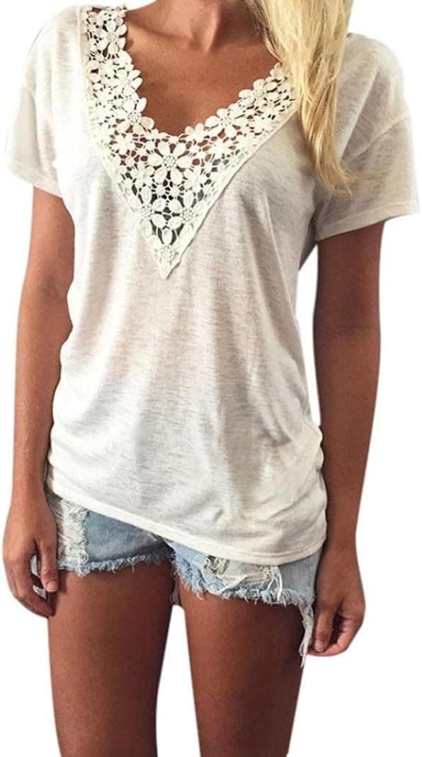 IEason Women Blouse Women Summer Vest Top Short Sleeve Blouse Casual Tank Tops T-Shirt Lace