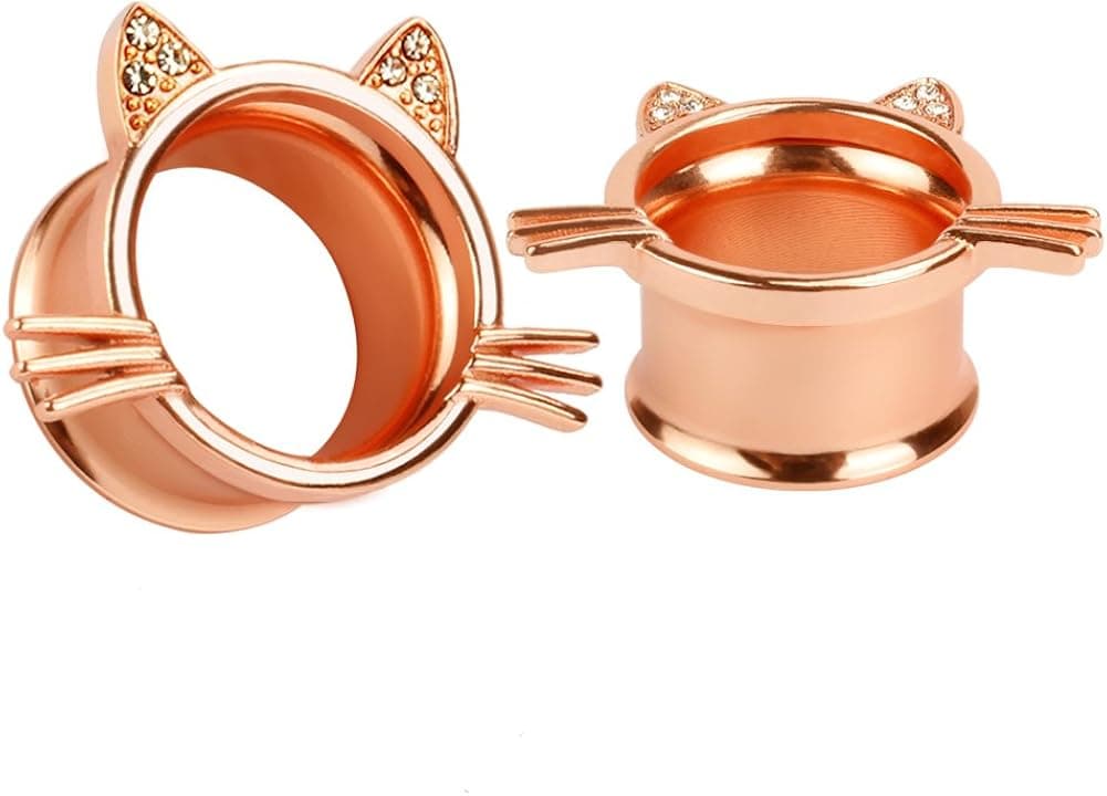 KUBOOZ(1 Pair Cute Rose-Gold Kitten Ear Plugs Tunnels Gauges Stretcher Piercings.