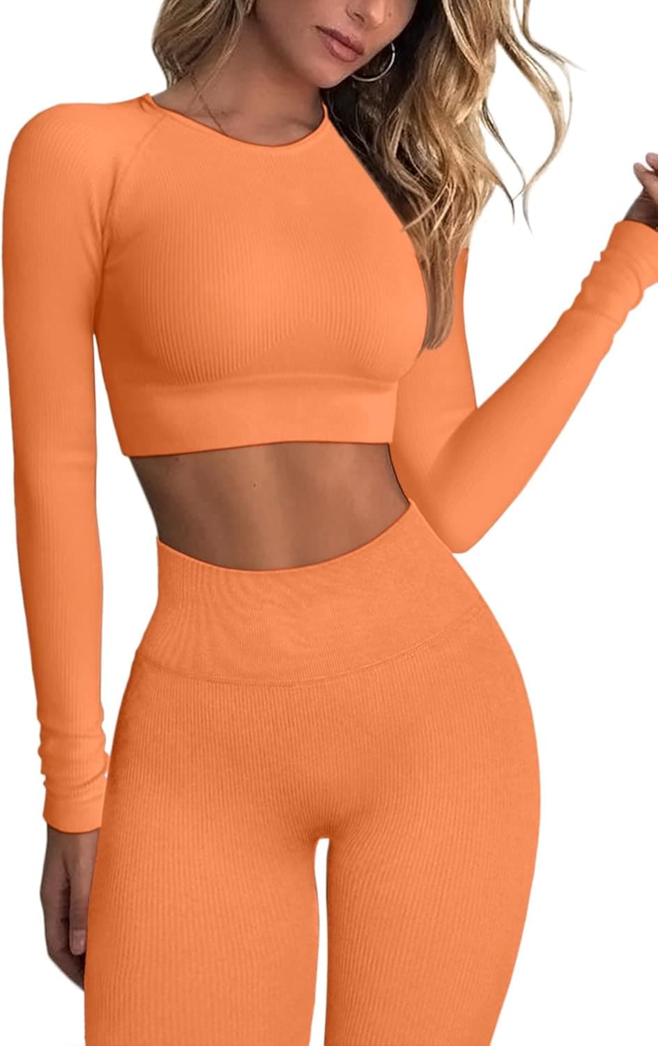 QINSEN Seamless Workout Outfits for Women 2 Piece Ribbed Long Sleeve Crop Top Tummy Control Leggings Sets