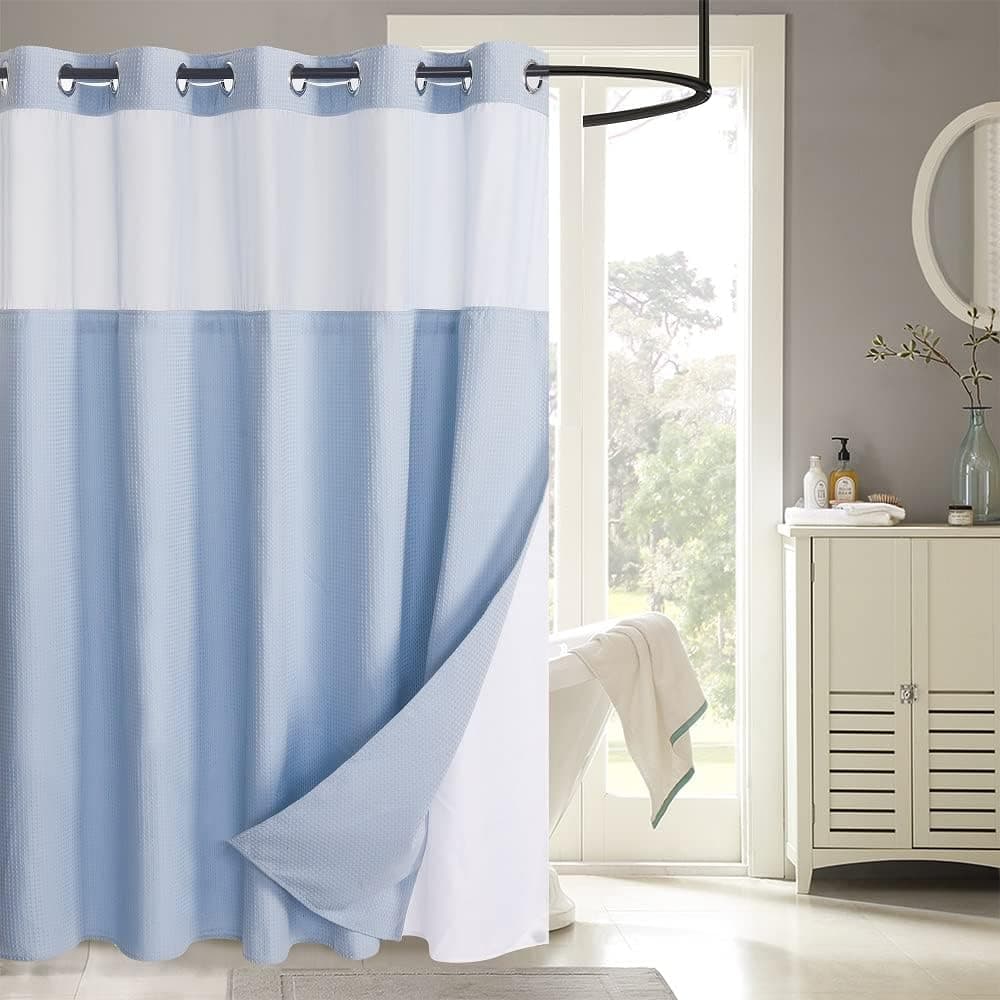 WPM No Hooks Required Shower Curtain with Snap-in Liner Waffle Weave Design, Hotel Grade Style Waterproof & Washable, Mesh top Window Easy Snaphook Bathroom Slate Blue Curtains (72"x86" W/Liner, Blue)