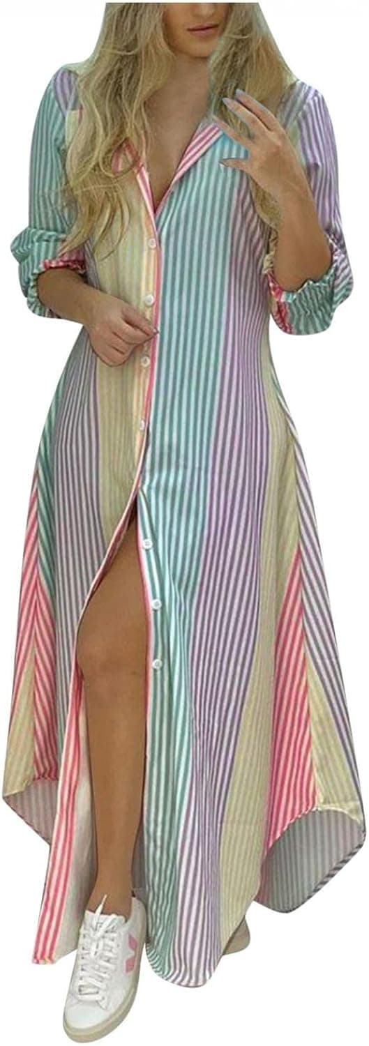 Long Dresses for Women,Women's Button Down Maxi Shirts Casual Loose Long Sleeve Roll Up Shirt Dress Side Split Dresses