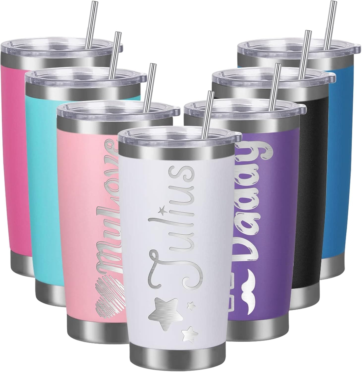 Personalized Tumblers with Lids and Straws 20 oz Custom Laser Engraved Stainless Steel Tumblers with Name Text Customized Insulated Coffee Cup Gift for Women Men-8 Colors & 20 Fonts