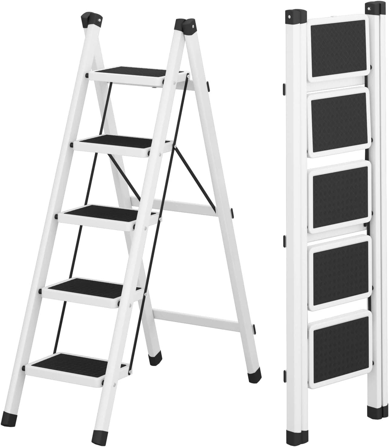 JOISCOPE 5 Step Ladder, Folding Ladder Stool with Non-Slip Wide Steps, Safe and Space-Saving Step Stool ,250 lbs Sturdy Steel Ladder for Home and Kitchen,White