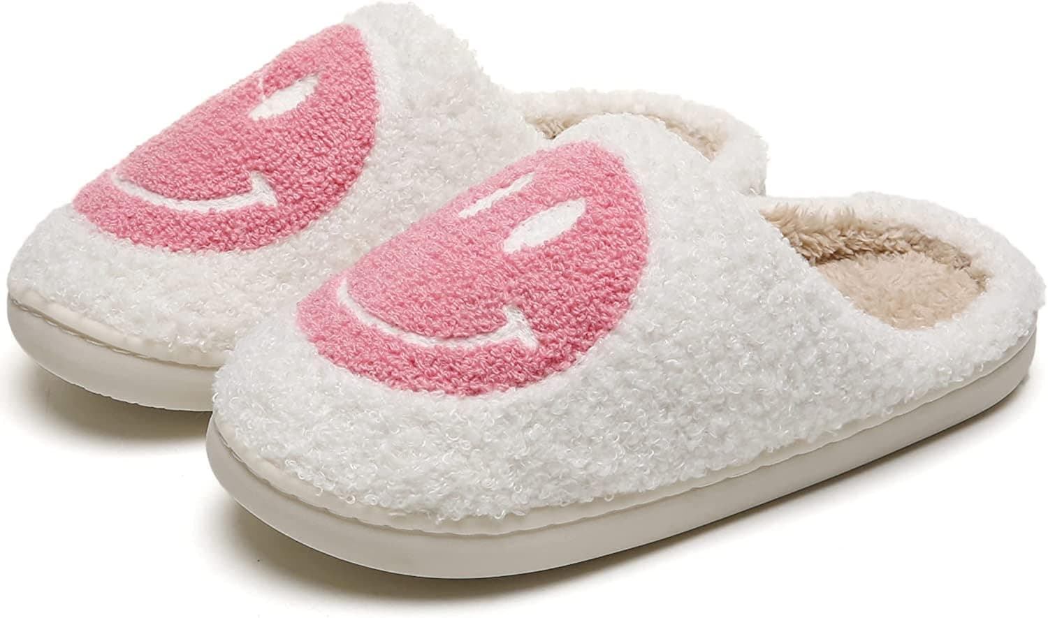 Smiley Face Slipper Retro Soft Plush Lightweight House Slippers Soft Plush Comfy Warm Slip-on Slippers Comfy Faux Fur House Slipper Scuff Slip on Anti-Skid Sole for Women Men Girls