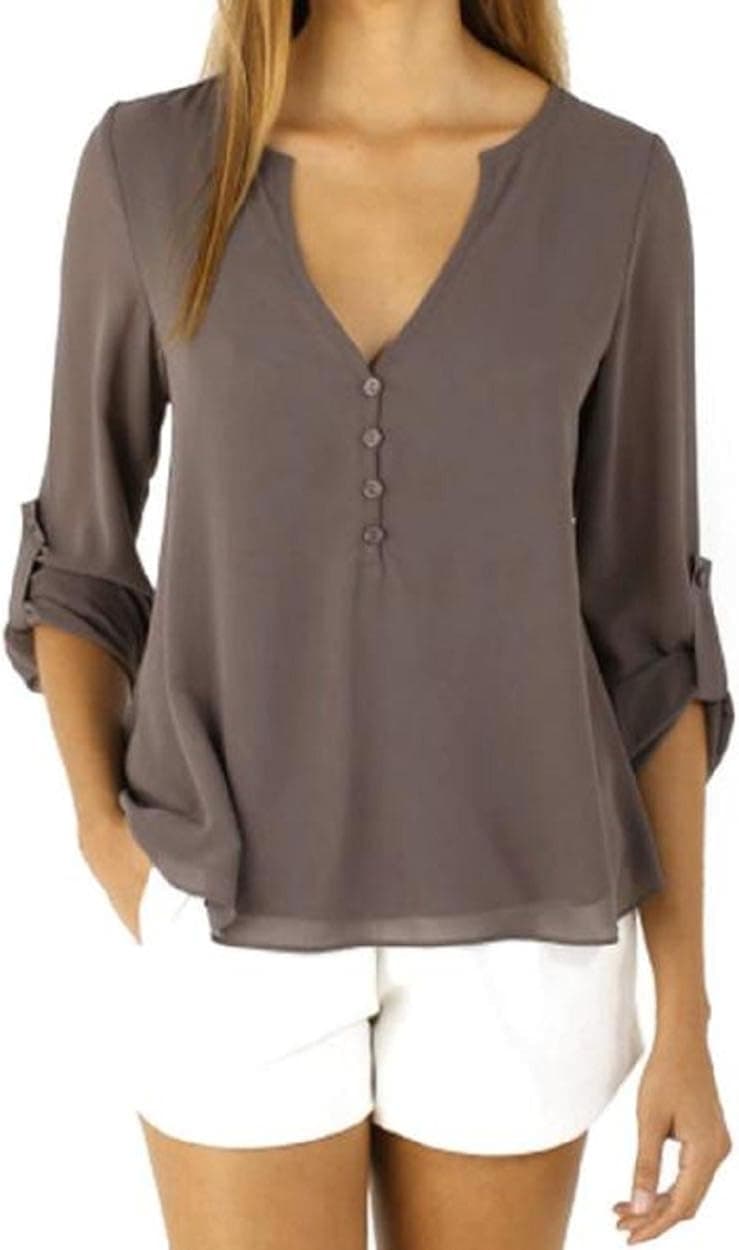 Kingfansion 2016 New Fashion Womens Loose Long Sleeve Chiffon Casual Blouse (L, Coffee)