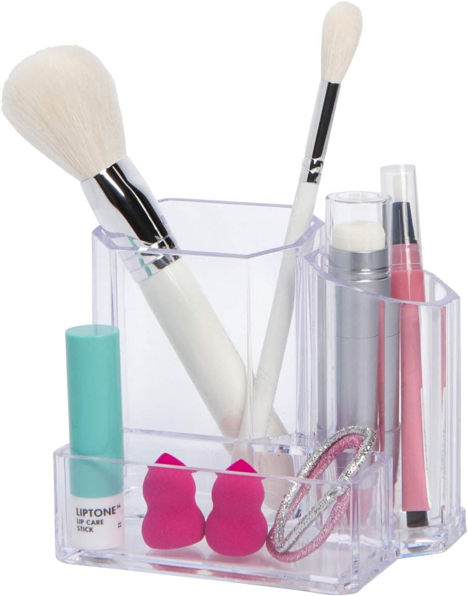 GROOVI BEAUTY Small clear makeup brush holder Multipurpose acrylic cosmetic organizer with 3 compartments - store brushes, blenders, pencils, eyeliners - perfect fit for vanity, sink, bathroom
