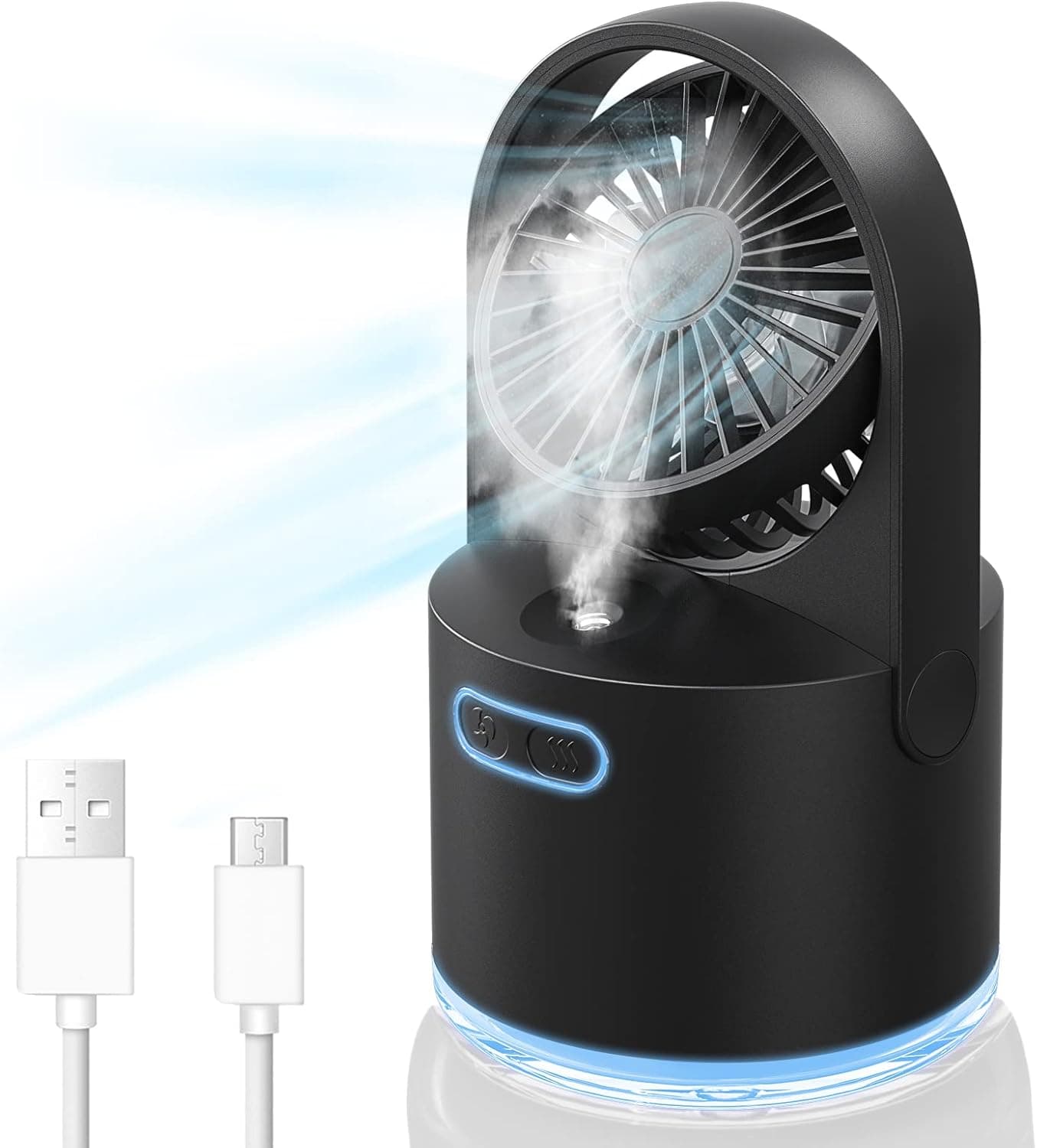AiTechny Desk Misting Fan Portable Table Fan with 300ML Large Water Tank and 7 Colorful Nightlights, Personal Fan with 3 Speed Strong Wind USB Rechargeable Cooling Mister Fan for Home, Office (Black)