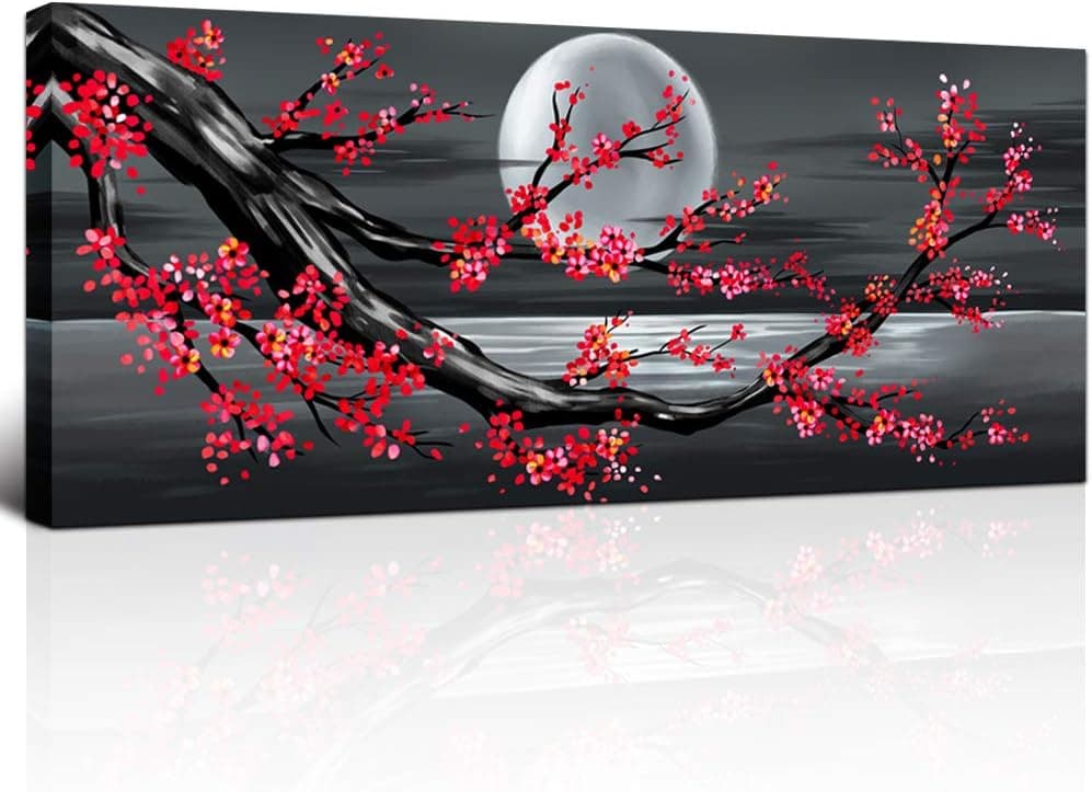 KLVOS Framed Abstract Tree Painting Cherry Blossom Red Flower Canvas Art for Modern Home Wall Decoration Giclee Prints on Canvas Stretched Ready to Hang 20" W x 48" L