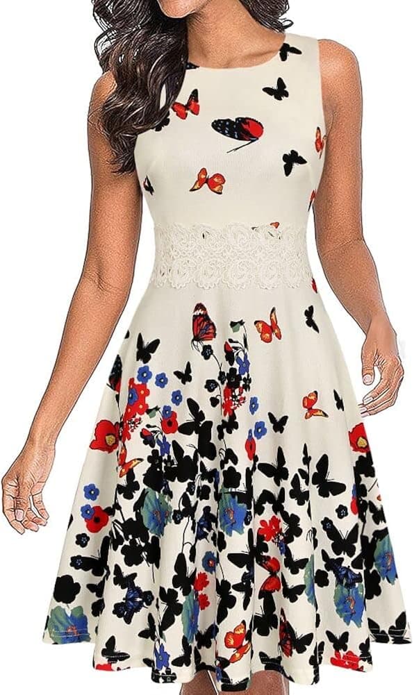 OWIN Women's Vintage Floral Lace Flared A-Line Swing Casual Party Cocktail Dresses Sleeveless
