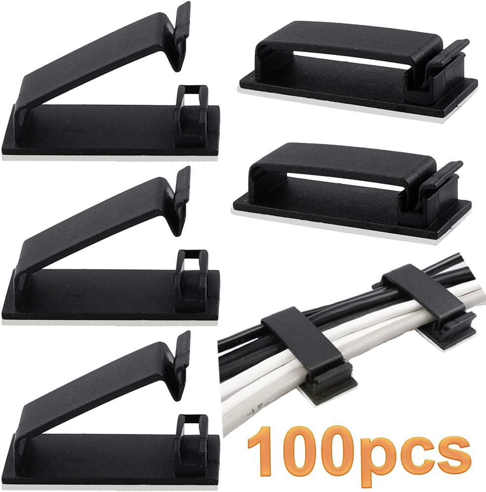 Benavvy 100pcs Cable Clips, Ethernet Cable Organizer, Adhesive Wire Clamps, Desktop Cord Management, for Wire Management and Cable Runs (Black)