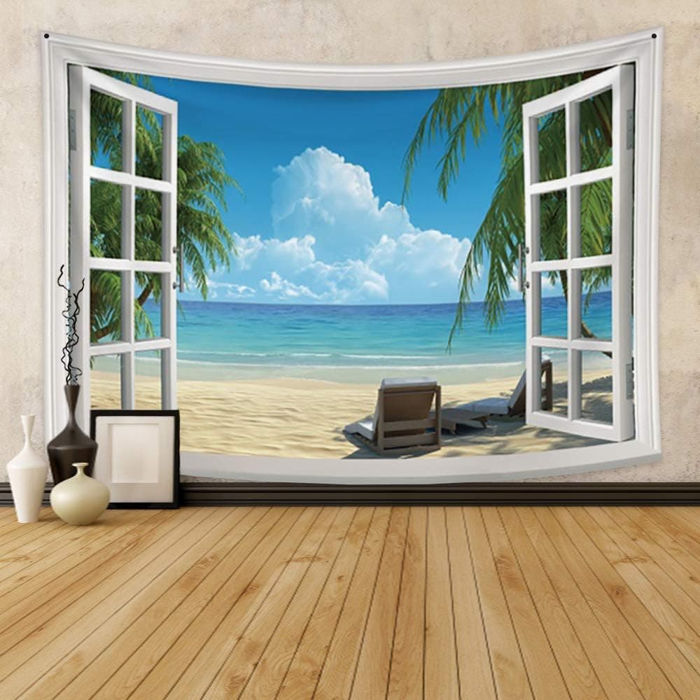 Qinunipoto Seaside Beach Tapestry Wall Hanging 59x39inch Tropical Palm Beach Blue Sky Seascape Tapestry for Walls White Window Sand Beach Scenery Wall Decor for Living Room Bedroom Dorm Home Hotel
