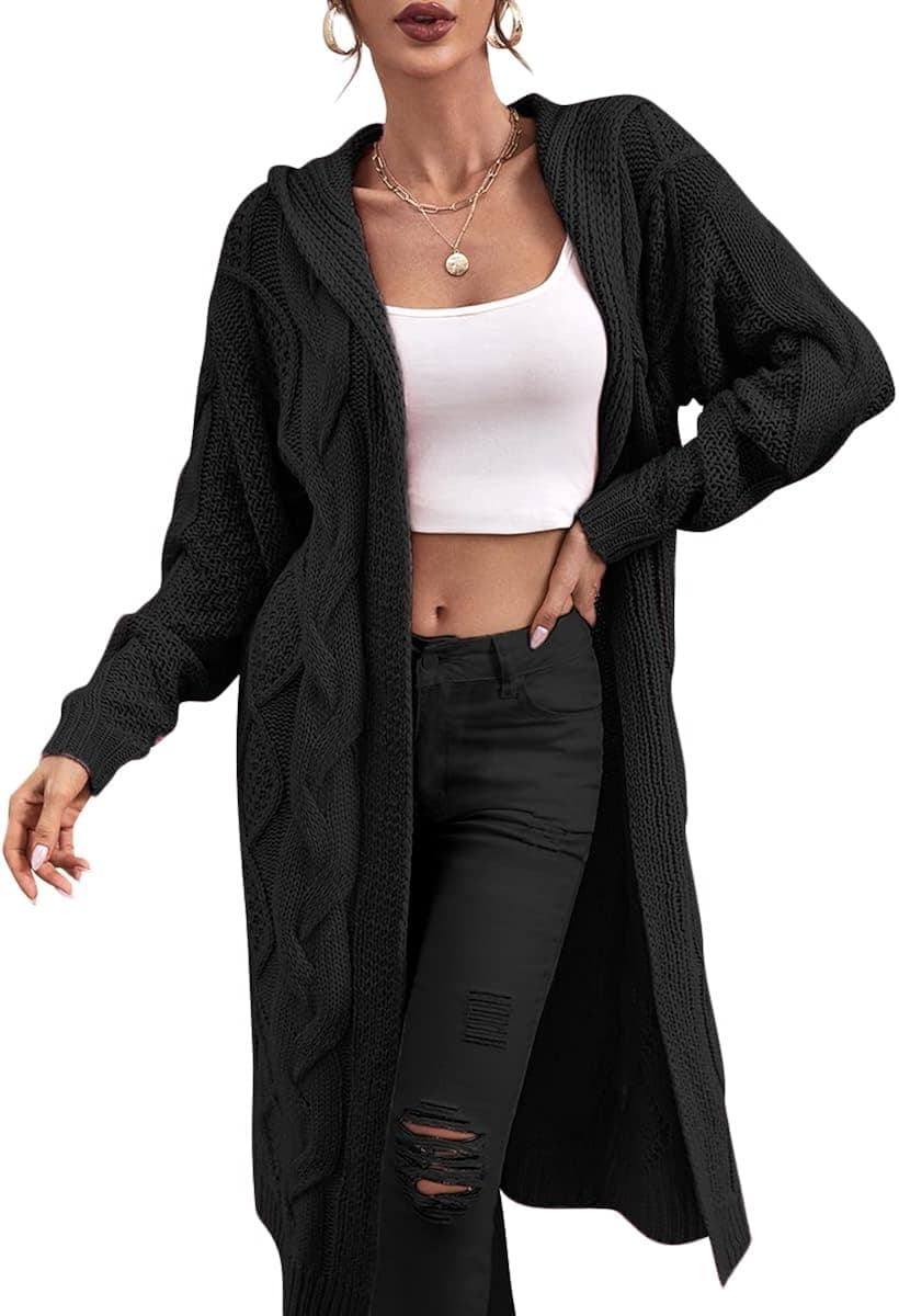 Lueluoye Women's Long Cardigans Mid-Gauge Stretch Long-Sleeve Hooded Sweater Cardigan Outwear