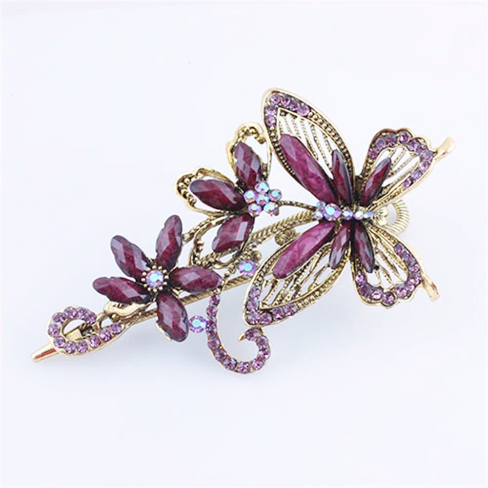Victorian Bronze Crystal Jewelry Butterfly With Flower Hair Clip Alligator Clip (Purple)