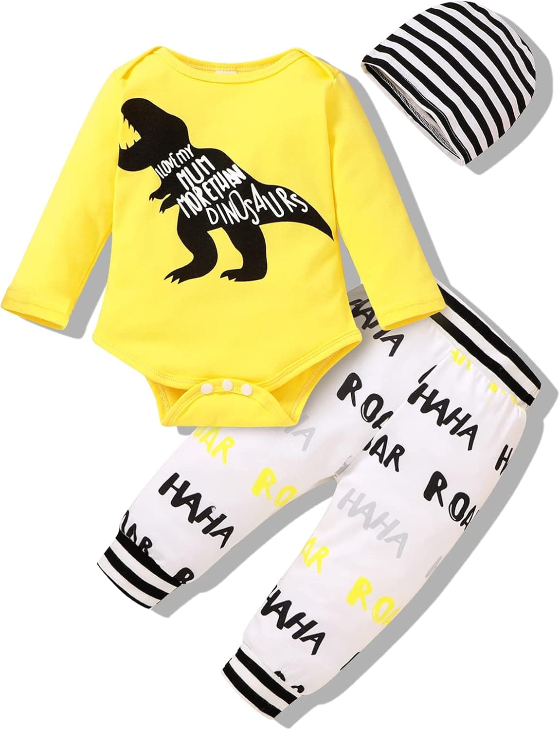 YOUNGER STAR 3Pcs Baby Boy Clothes Wild Monster Cartoon Letter Print Bodysuit Cotton Romper Pants+Hat Outfits Set