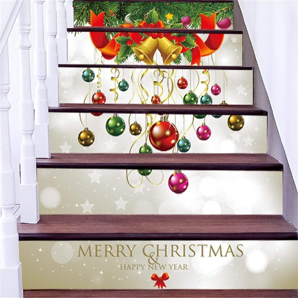 3D Christmas Stair Stickers Decals-6Pcs/Set Christmas Bead Stair Risers Stickers Decals Removable Staircase Decals Vinyl Wall Stickers for Stair Steps Christmas Decoration