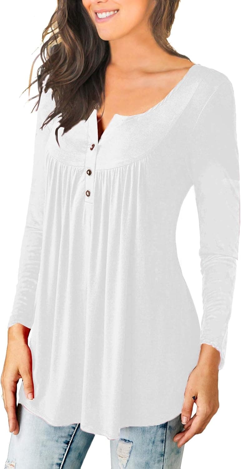 Kiess Women's Tops Long Sleeve Blouse Casual Button Shirt Henlry Shirt Loose Fit