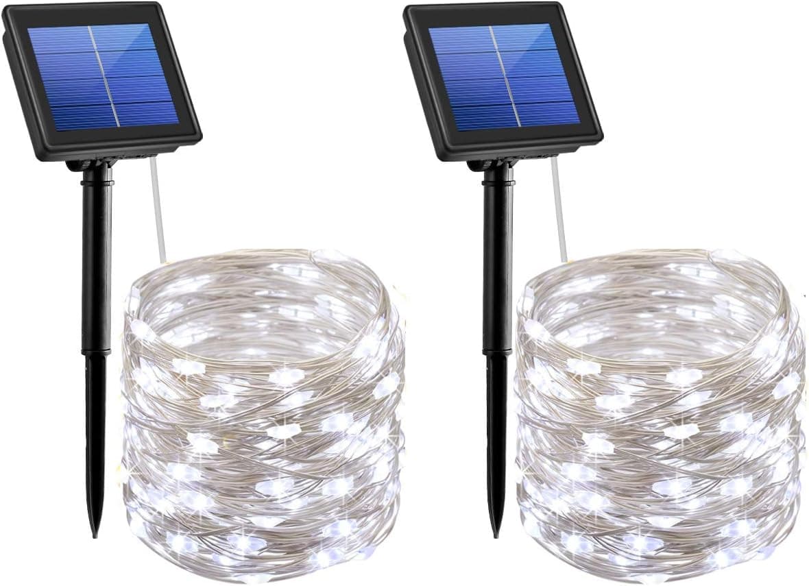 AMIR Solar String Lights,72ft 8 Modes Copper Wire Lights, 200 LED Starry Lights, Waterproof IP65 Fairy Christmas Decorative Lights for Outdoor, Wedding, Homes, Party (White - Pack of 2)