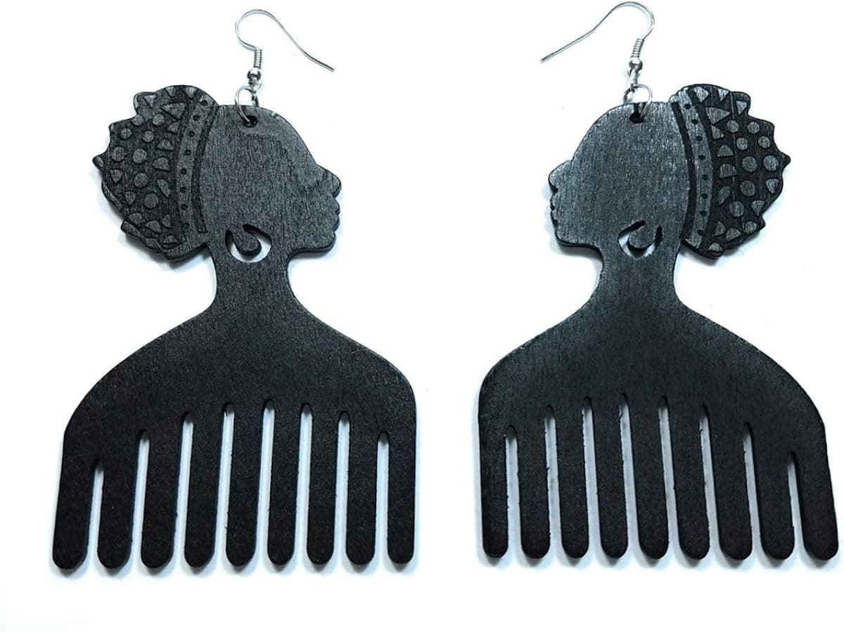 Teri's Boutique Afro Pick Afrocentric Women Hair Comb Style Wood Drop Dangle Natural Color Jewelry Earrings