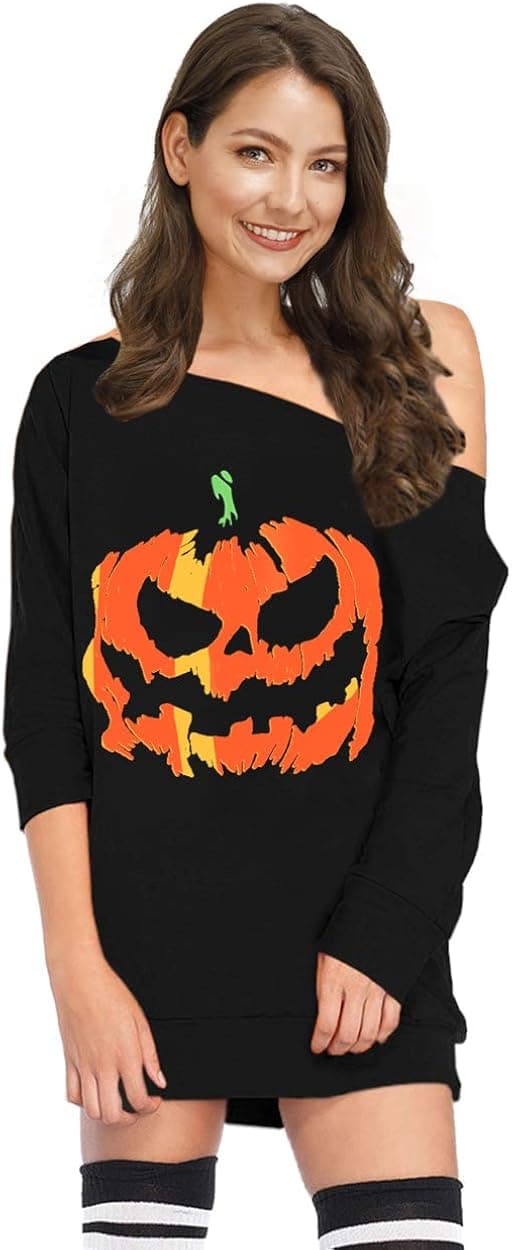 Off Shoulder Jack-o-Latern Sweatshirt Halloween Pumpkin Dresses for Women 3/4 Sleeve Casual Pumpkin Shirts S