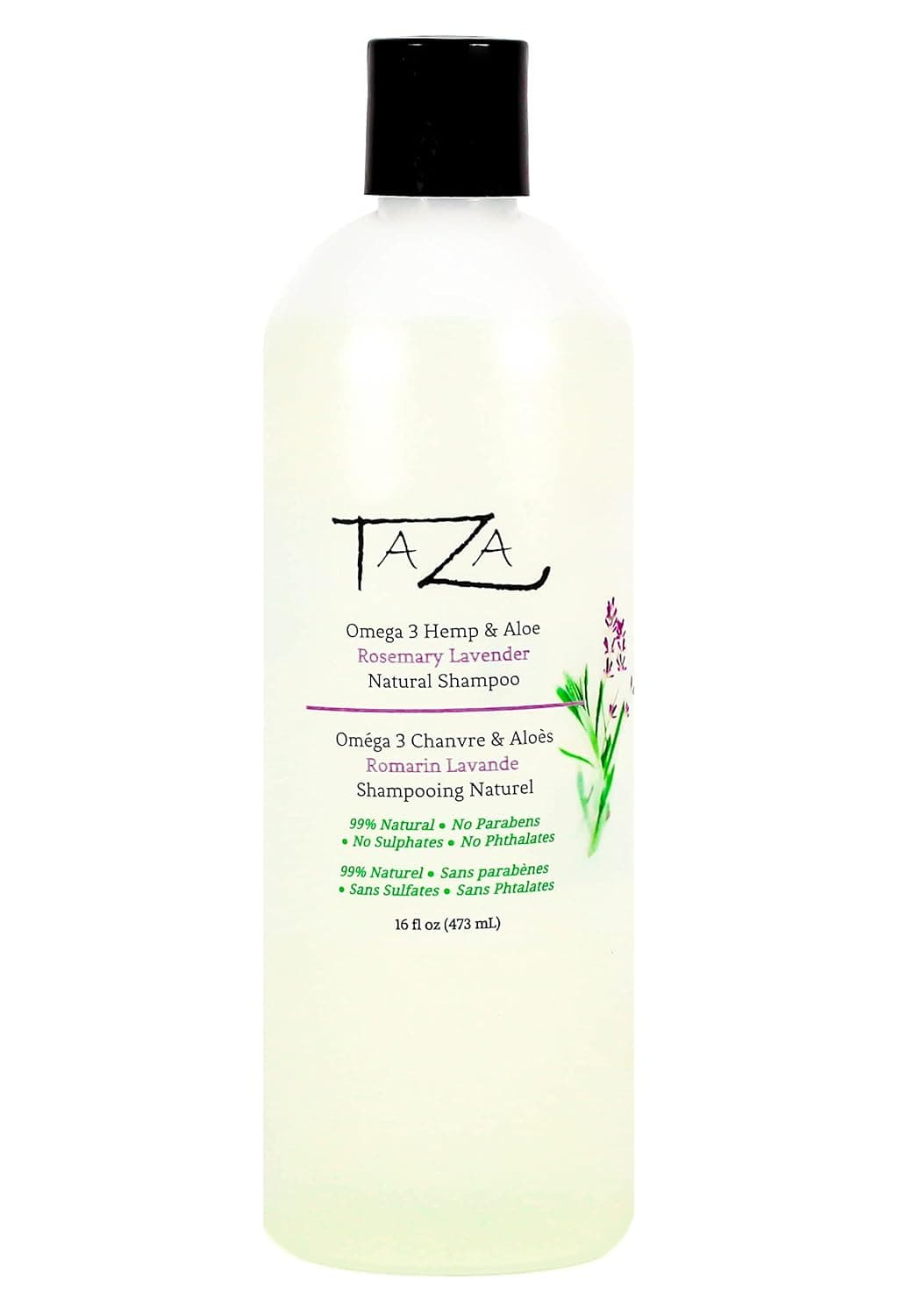 Taza Premium Natural Omega-3 Hemp & Aloe Rosemary Lavender Botanical Shampoo, 16 fl oz For Healthy, Silky Hair Contains: Aloe Leaf Juice, Hemp Seed Oil, Pro Vitamin B5, White Willow Bark