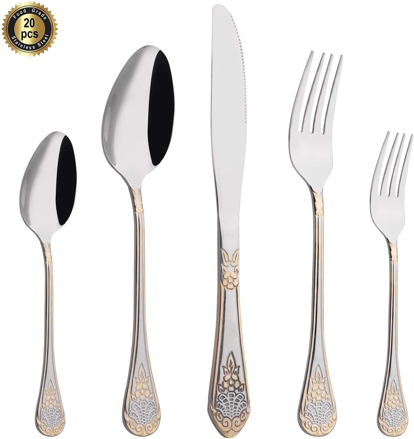 HF HOFTEN Silverware Set, 20 Piece Stainless Steel Flatware Set Include Fork Spoon Knife Cutlery set for Daily Use and Party, Service for 4, Safe in Dishwasher(HX047-24KG)
