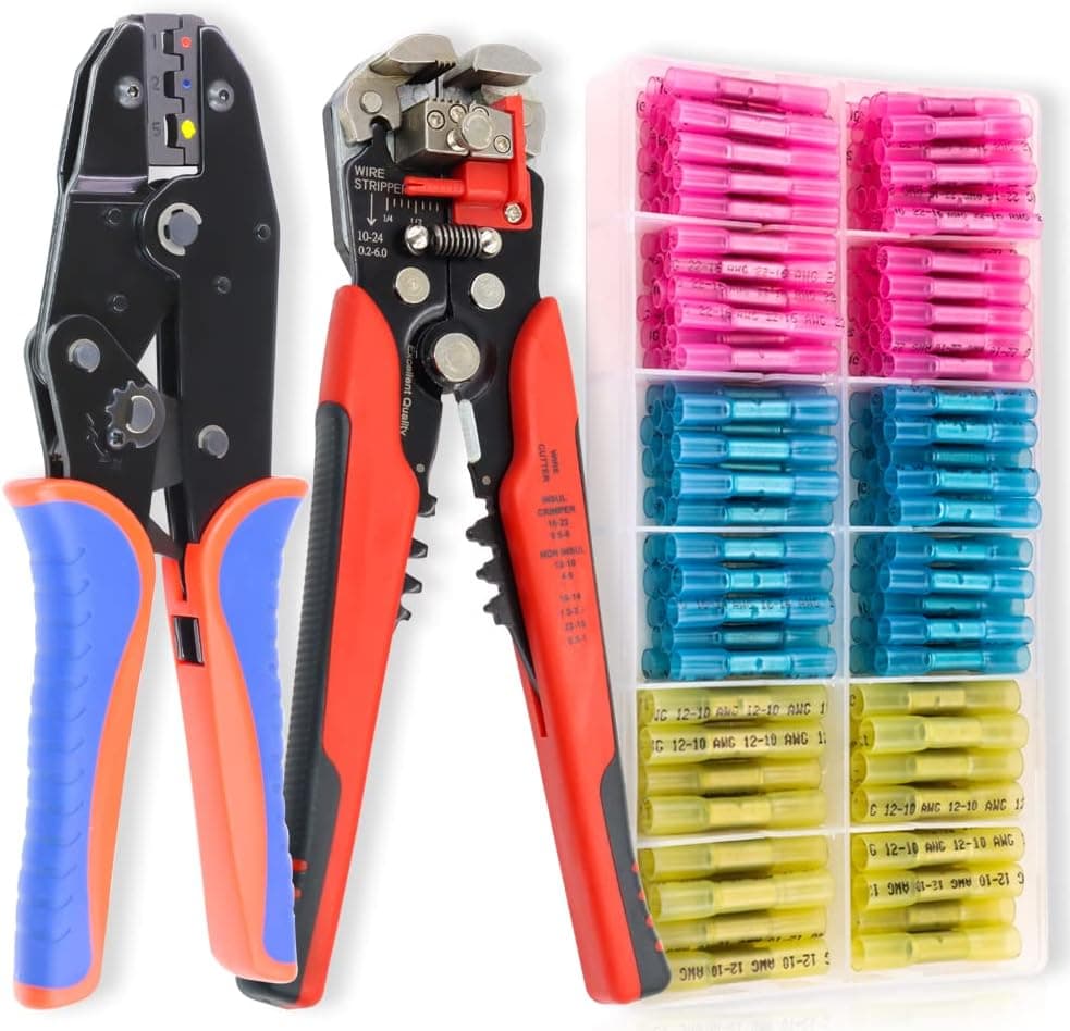 HKS Crimping Tool for Heat Shrink Connectors with 3 in 1 Stripper & 180PCS Marine Grade Heat Shrink Butt Connectors of Tinned Red Copper AWG 22-10