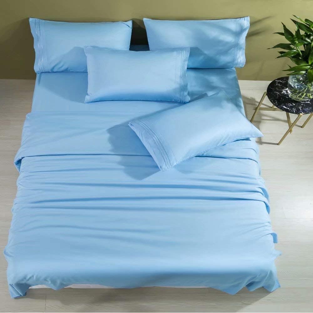 Shilucheng Cool 6PC 100% Bamboo Queen Size Bed Sheets Set 1800 Thread Count 16 Inch Deep Pockets Eco Friendly Soft Comforterble Wrinkle Fade and Hypoallergenic (Queen,Lake Blue)