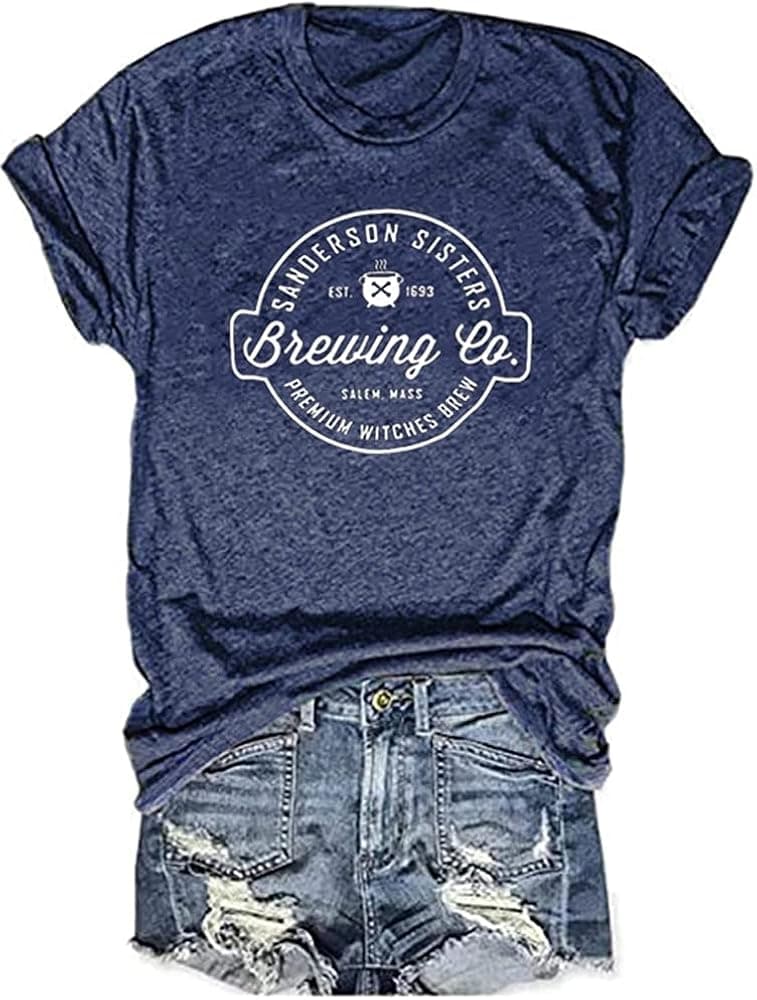 Bbrand Womens Sanderson Sisters Brewing Co Graphic Tees Tops Fall Premium Witch Brew Print T-Shirt Halloween Funny Shirts