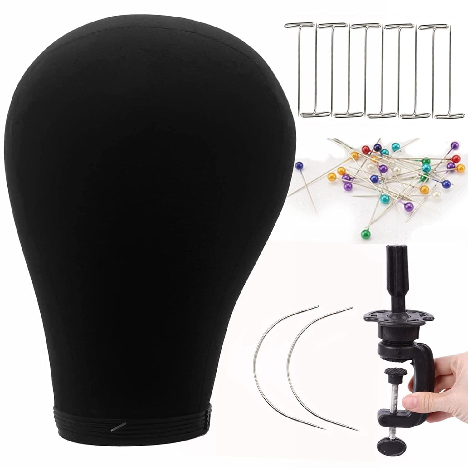 UPerfe Wig Head Stand With Mannequin Head for Wig Styling Display Making Kit 22 inch Black Maniquins Canvas Block Head for Wigs (Canvas Wig Head With Tripod Stand, T-Pins, C-Pins, Colorful Round Pins)