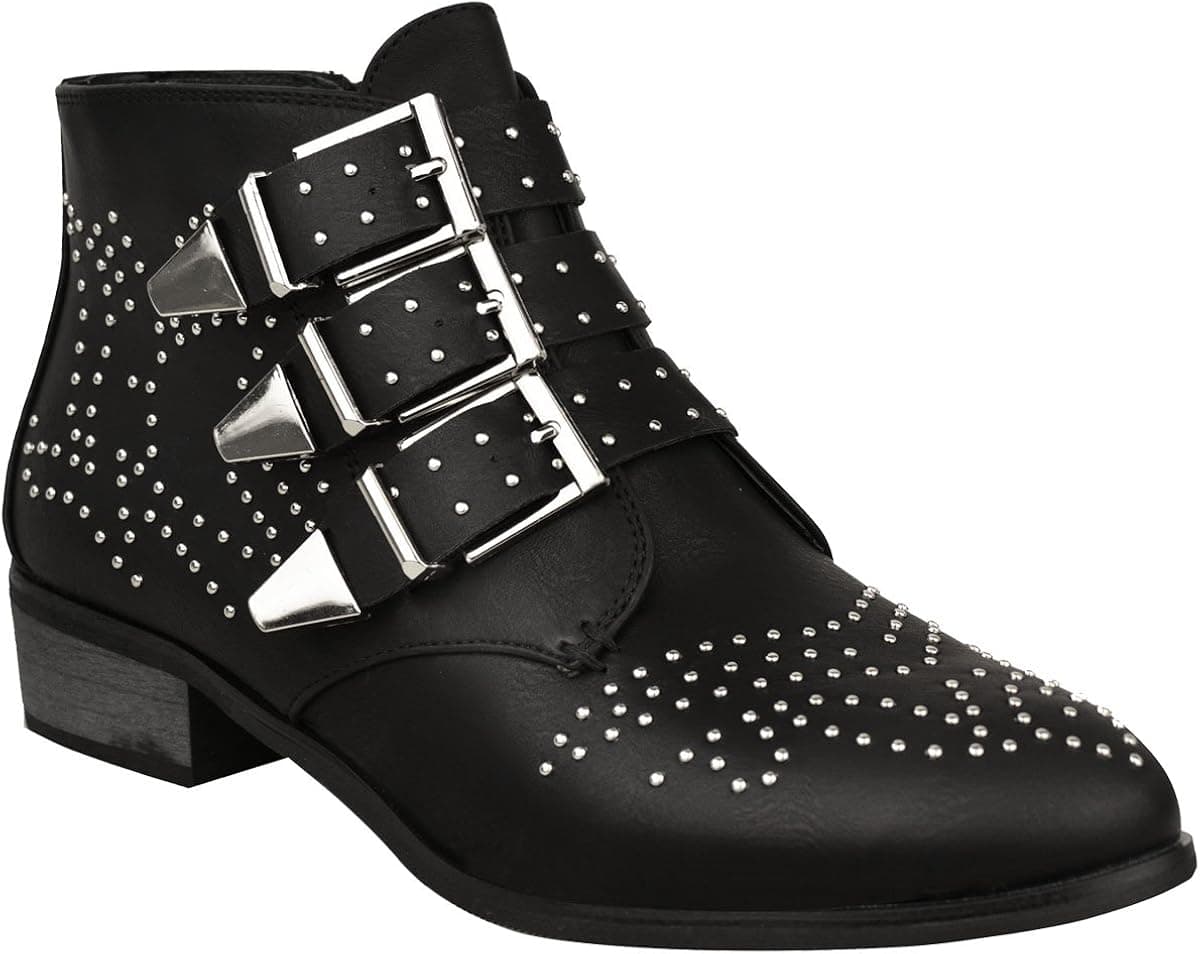 Fashion Thirsty Womens Vintage Style Studded Ankle Boots Biker Low Heel Cowboy Shoes Size