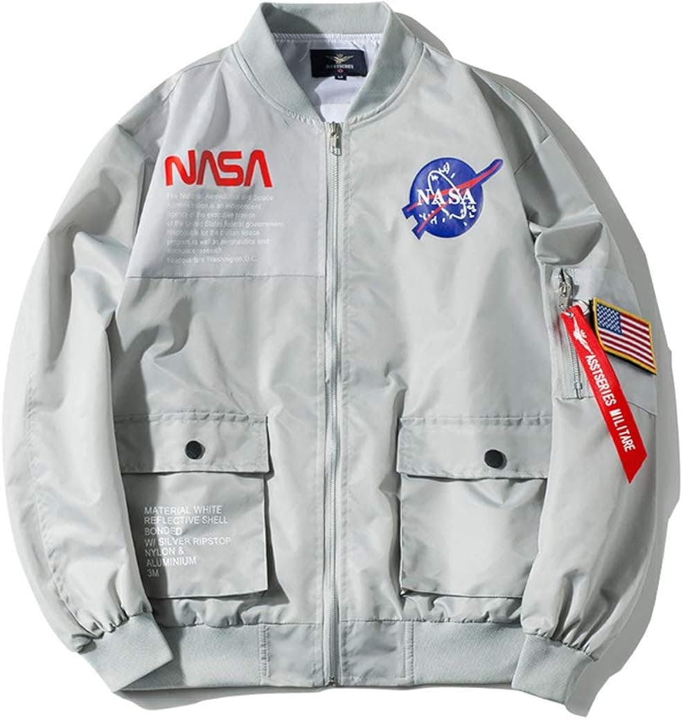 Wildswan Men Biker Bomber Jacket, NASA MA-1 Military Flight Jacket Light Air Force Moto Street Coat Winter B4051, Grey