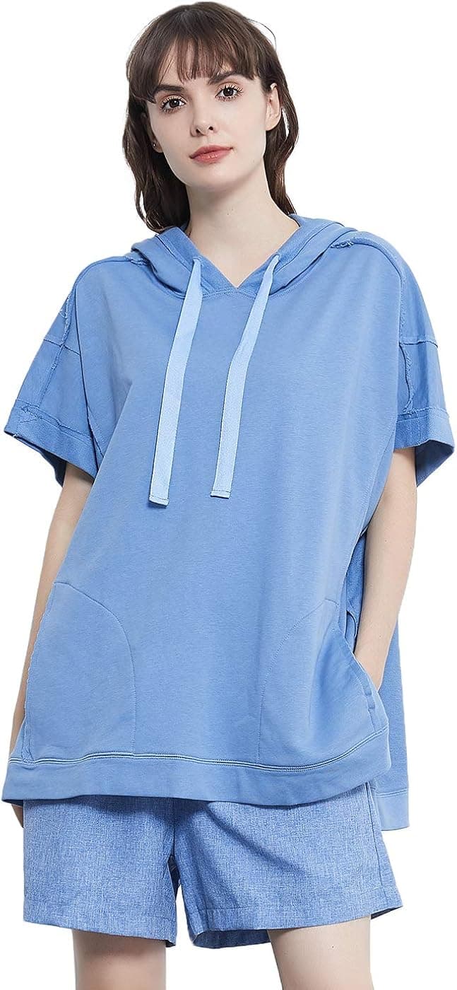 Anna-Kaci Womens Oversized Short Sleeve Hoodie Side Slits Pullover Sweater Top