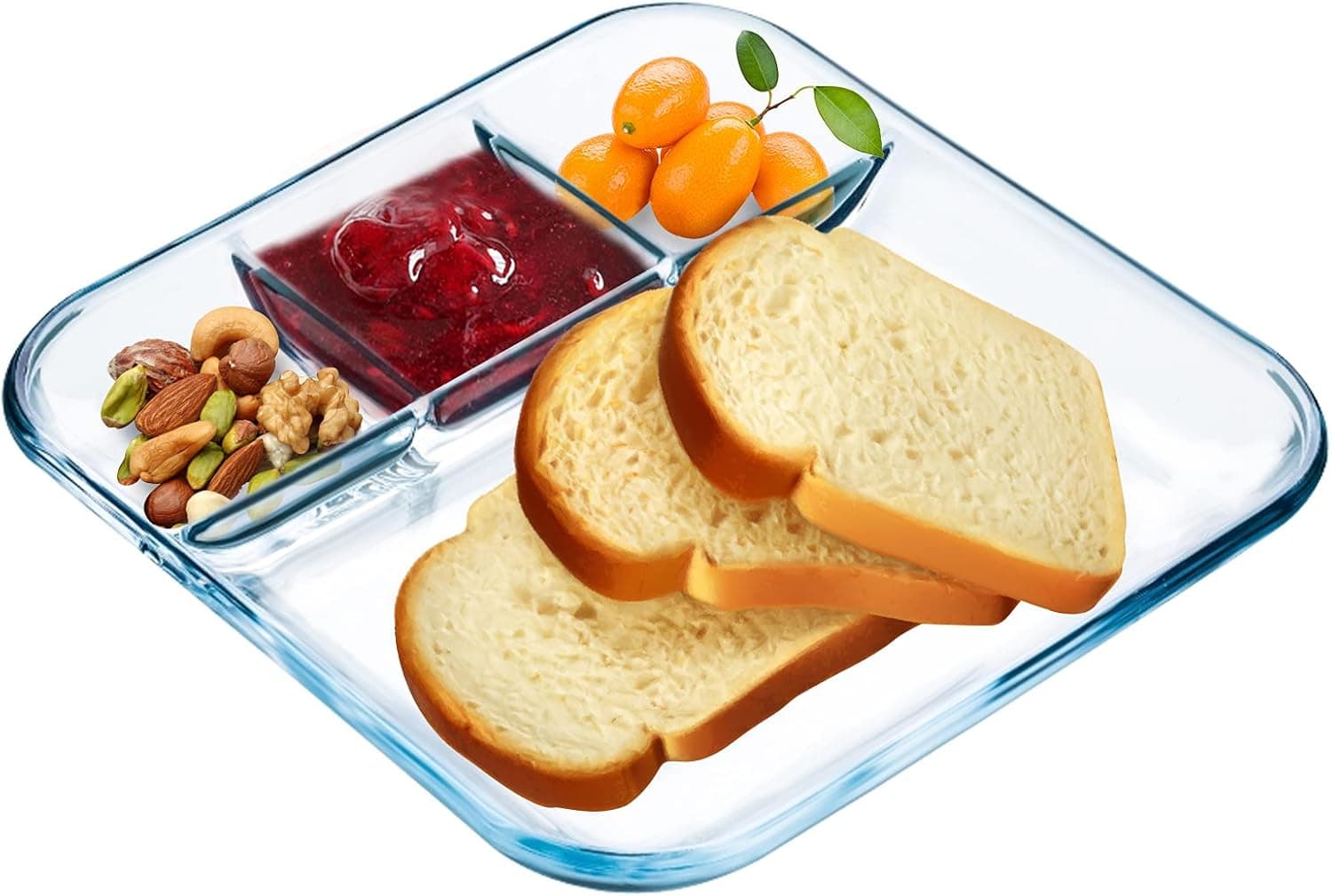 NUTRIUPS Glass Divided Plate Quadrate Glass Compartment Plate Glass Divided Plate for Lunch Glass Plate with Dividers Sectional Dish, 9In