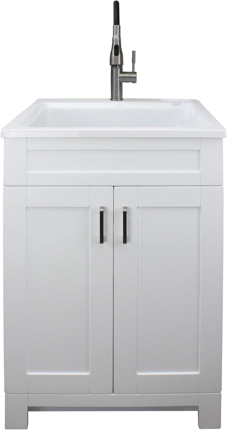 Transolid TCAS-2522-WC 25-in Laundry Cabinet with Acrylic Sink, Stainless Steel High Arc Faucet, White
