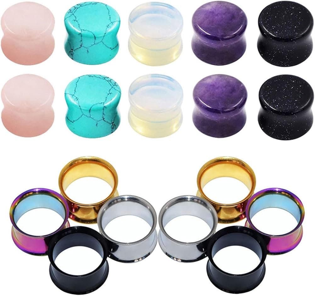 Qmcandy 18pcs or 8pcs 8g-5/8 in Organic Stone & Stainless Steel Mixed Ear Tunnels Stretching Plugs Piercing