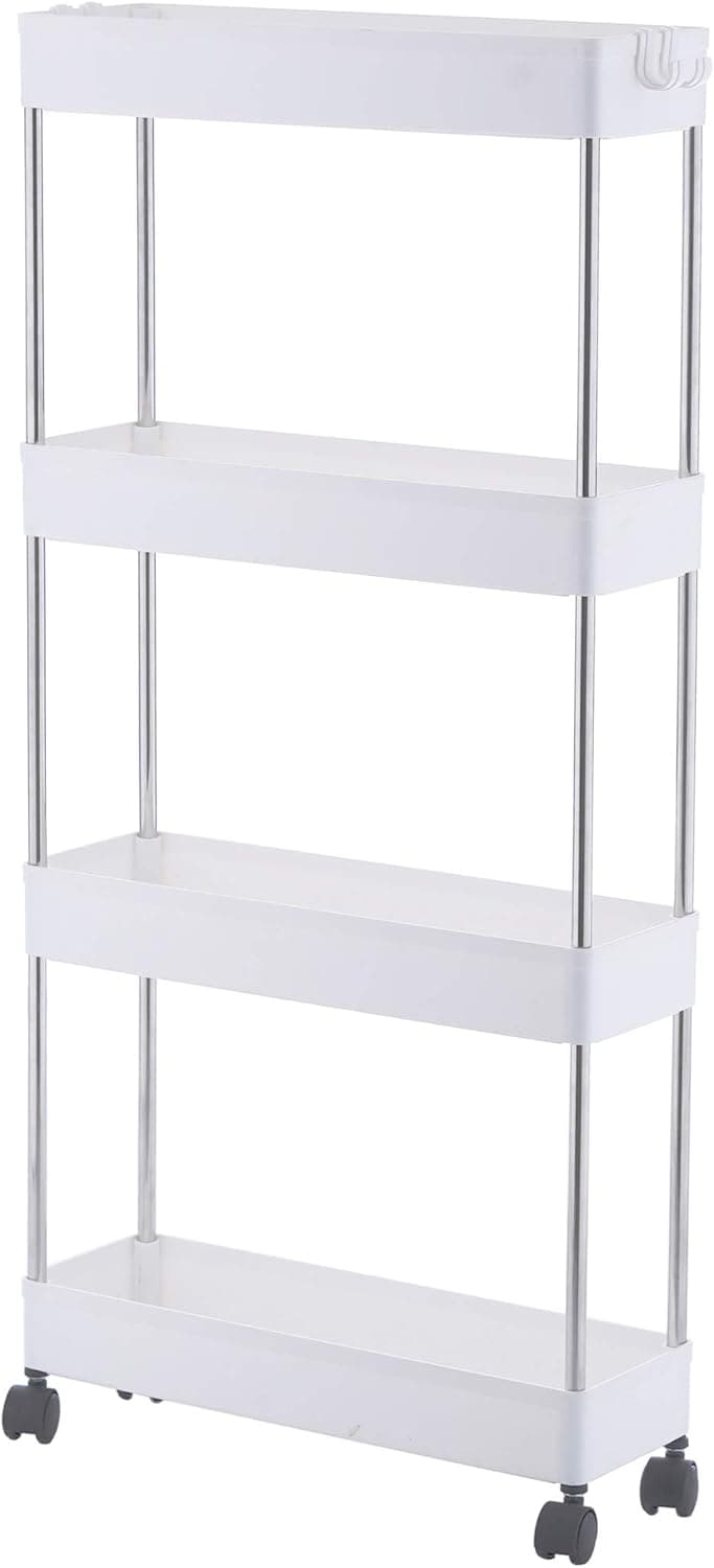 4 Tier Slim Storage Cart, Mobile Narrow Rolling Cart with Wheels, Conveniently Slide Out Organizer Shelf Cart for Kitchen Bathroom Pantry Laundry Narrow Space - Plastic (White)…