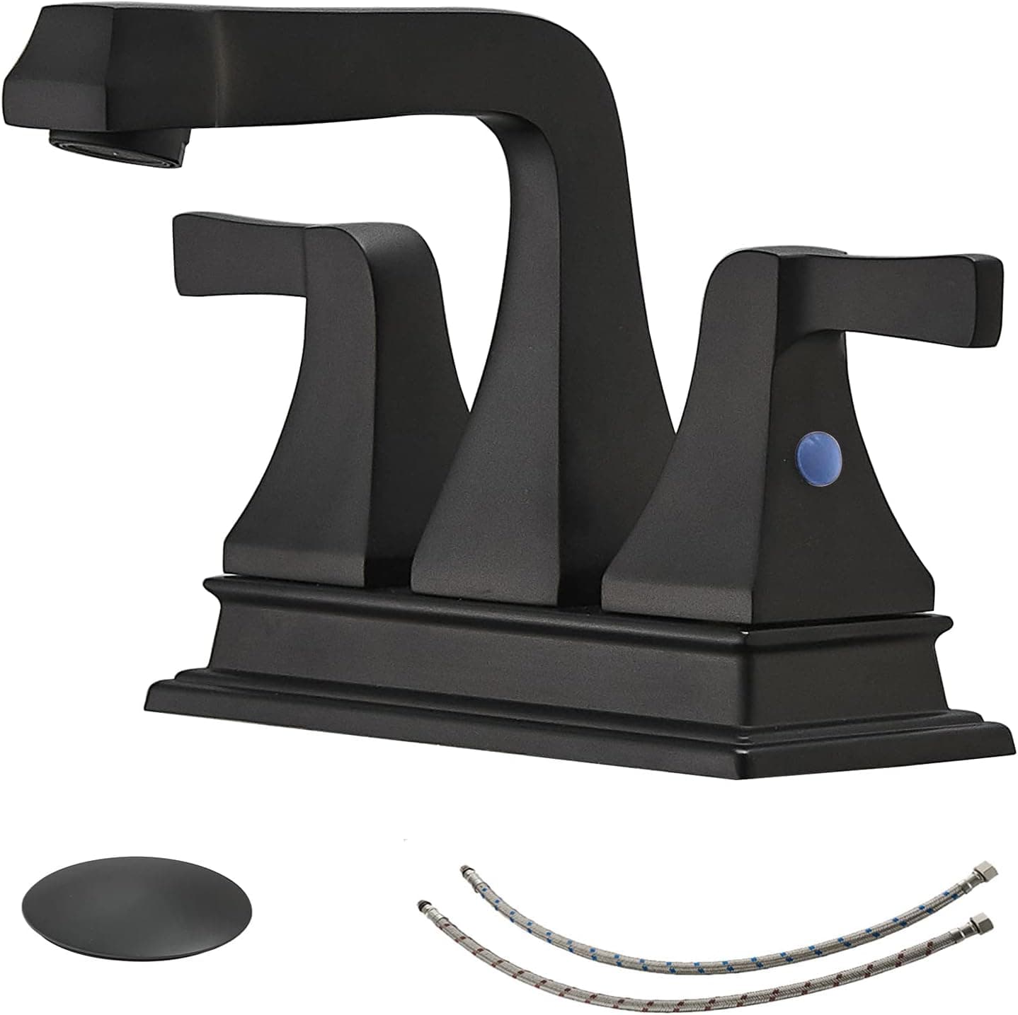 BWE Centerset Bathroom Sink Faucet Matte Black Modern 4 Inch 2-Handle with Pop Up Drain with Overflow and Supply Lines Vanity Restroom Basin Faucet Lavatory Mixer Tap Lead-Free