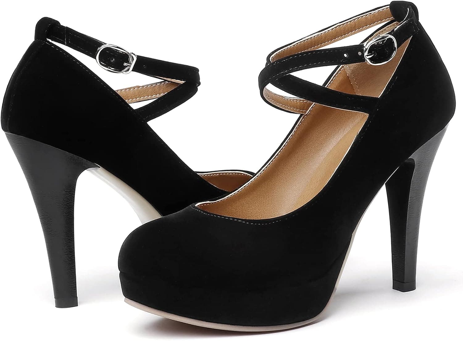 RIBONGZ Black Strappy Heels for Women Closed Toe Platform High Heels Pumps Sexy Summer Comfortable 4 inch Stiletto Heels