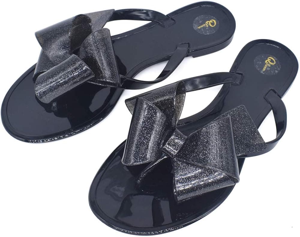 Qilunn Women Big Bow Flip Flops Jelly Thong Sandals Rubber Flat Summer Beach Rain Shoes
